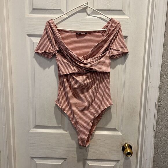 Shein Women Bodysuit size 12 Pink White striped Cross over chest Stretch - Picture 1 of 7
